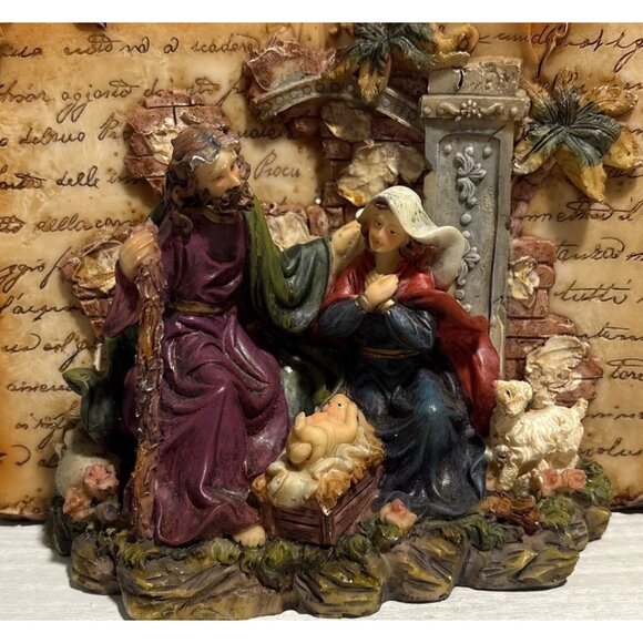 Nativity Scene 3D Bible Figurine With Holy Family & Animals Resin 8" Wide - Picture 4 of 11